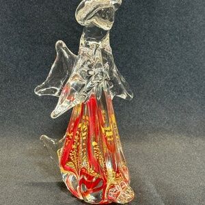Art Glass Praying Angel Figurine Blown Glass Clear Red with Gold Aventurine 8"